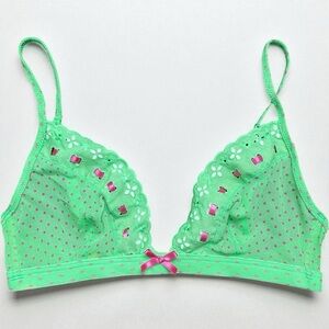 Intimissie Lace & Mesh Eyelet Trim Polka Dot Bralette in Green & Pink size Small